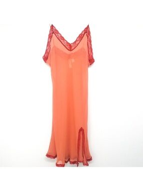 Bare Luxury Sheer Lace-Trim Slip Dress in Coral- XL